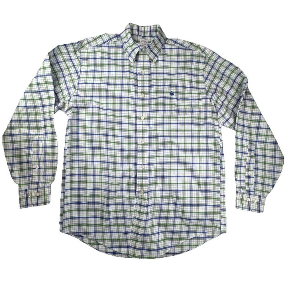 Brooks Brothers Mens Button Down Shirt M Supima Cotton Plaid Non-Iron Blue
